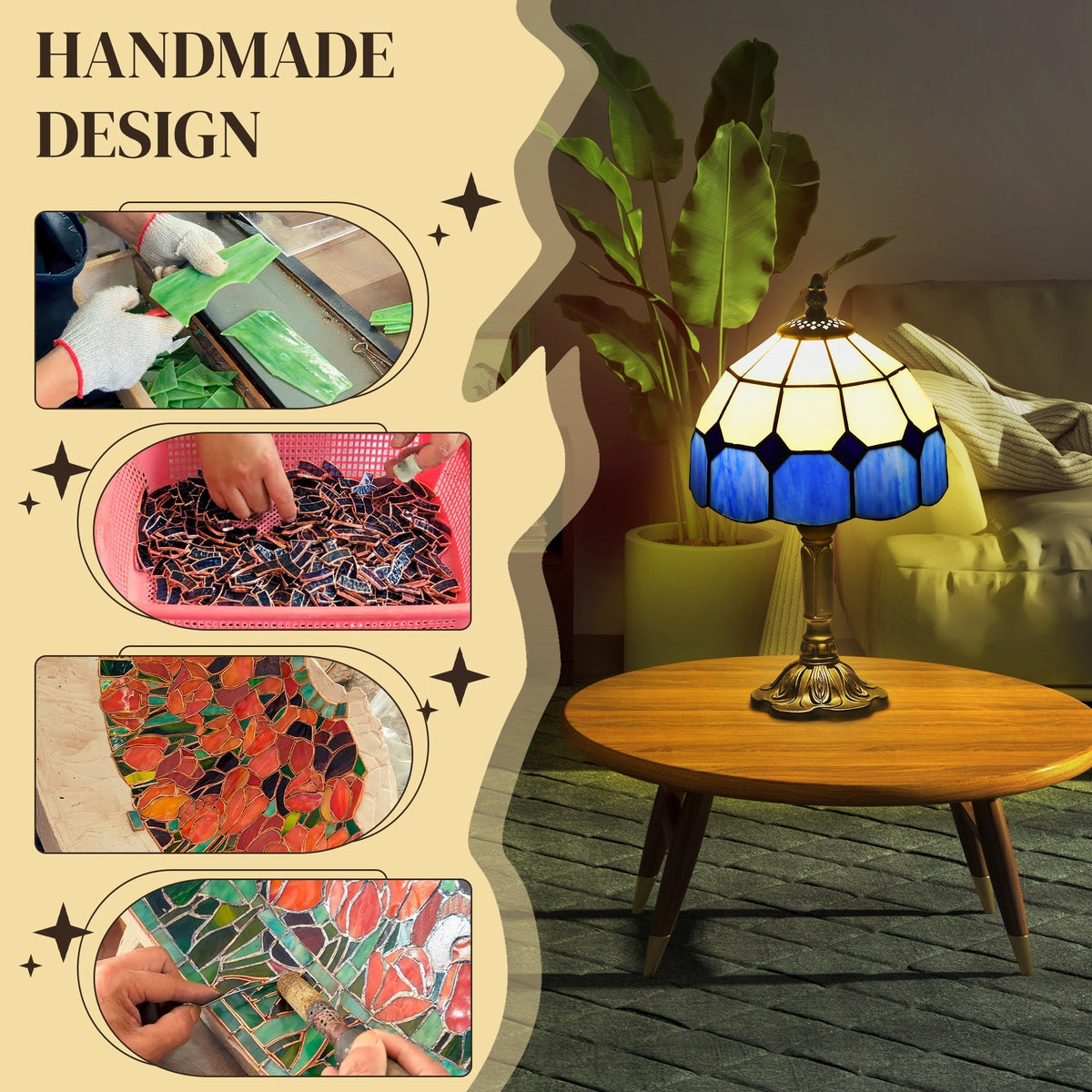 HOMCOM Handmade Stained Glass Table Lamp, Antique Bedside Lamp for Bedroom, Living room, Home, Nightstand, Decorative Night Light, Blue