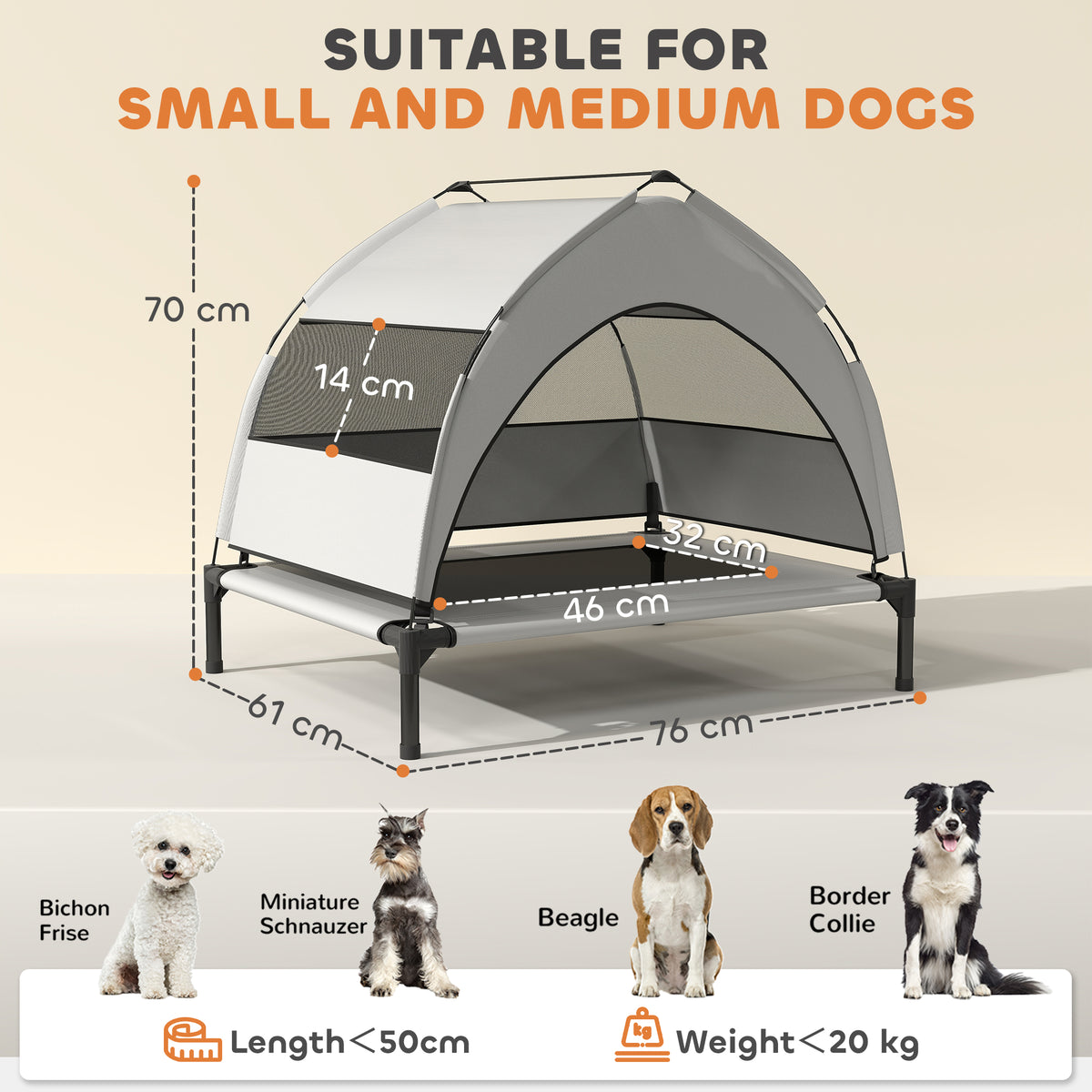 PawHut Portable Elevated Dog Bed with Removable Canopy, Cooling Raised Pet Cot for Small Medium Dogs, 76 x 61 x 70 cm