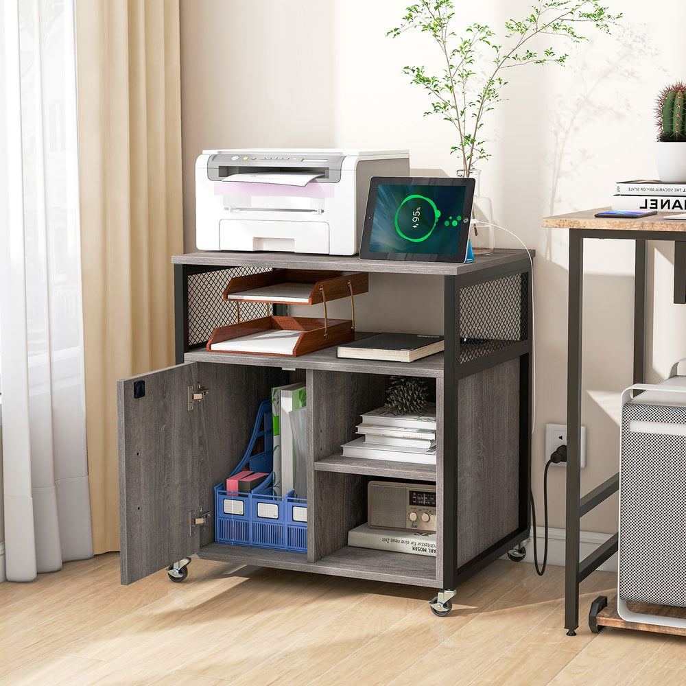 The file cabinet placed in a home office with a printer and tablet on the top shelf