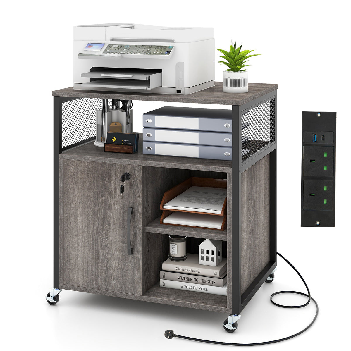 The file cabinet showing the integrated power outlet panel with USB ports on the side
