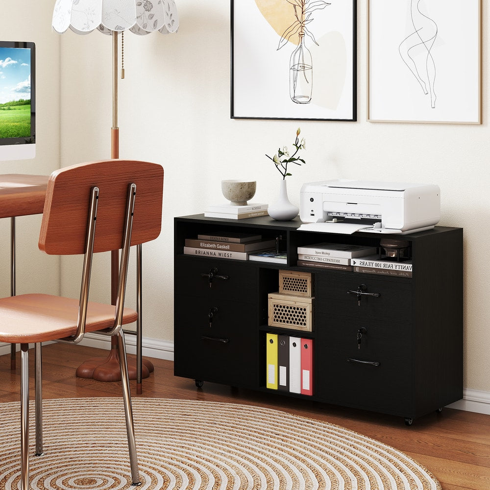 Black mobile filing cabinet with lock in a home office setting with a printer on top