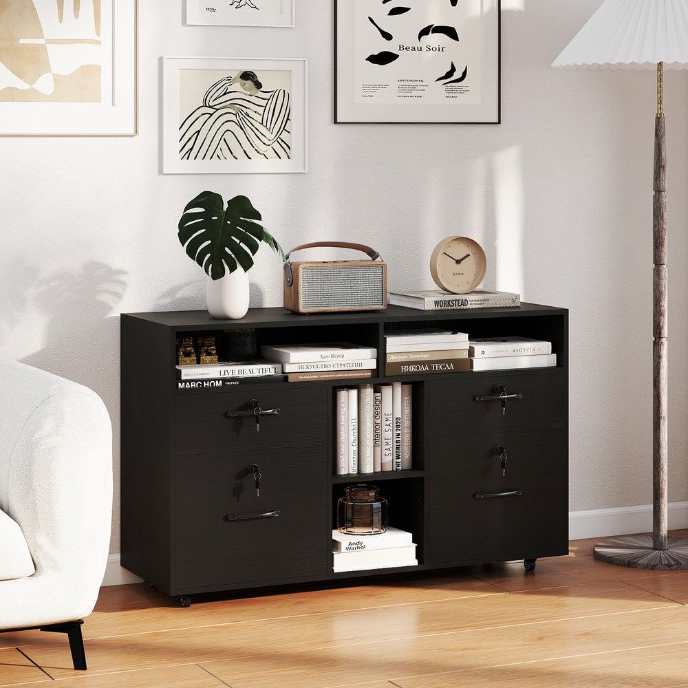 Lateral filing storage organiser in black, used in a living room with books and decor