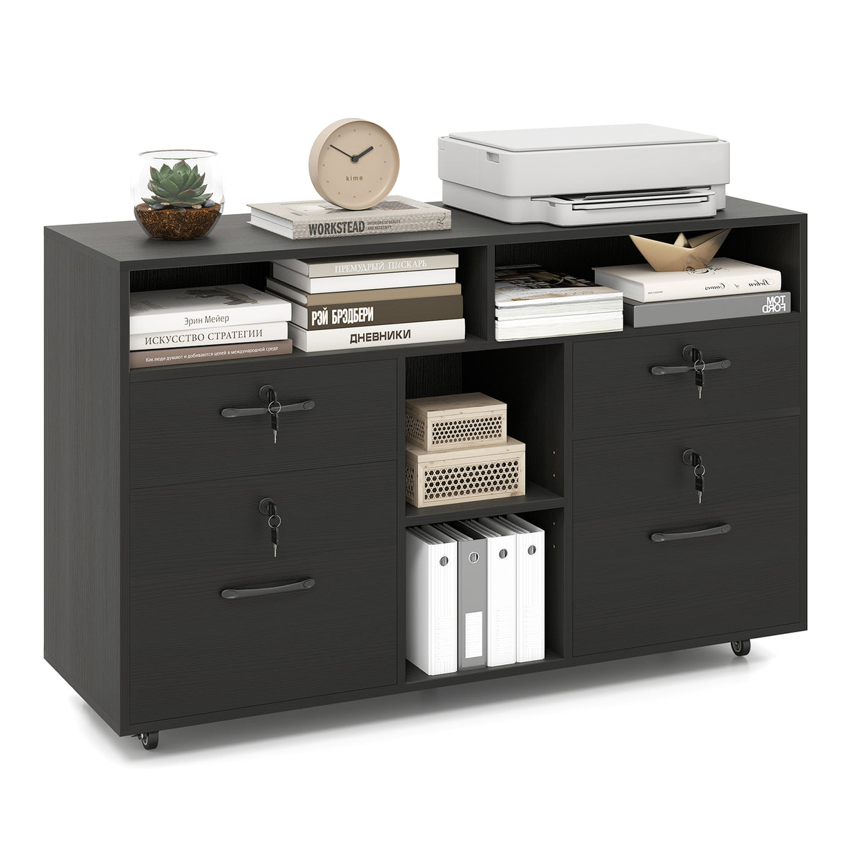 The black file cabinet with lock, styled with a printer, books and decorative items