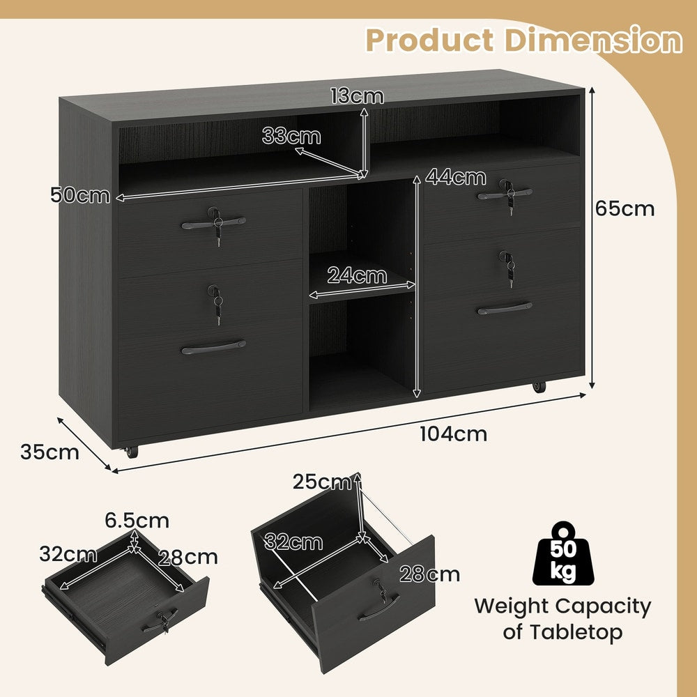 Product dimension diagram for the black mobile file cabinet with lock