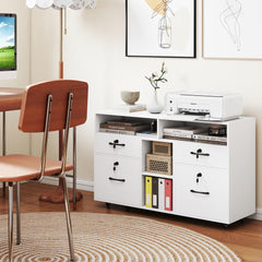 White mobile filing cabinet with lock in a home office setting with a printer on top