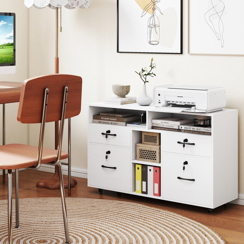 White mobile filing cabinet with lock in a home office setting with a printer on top