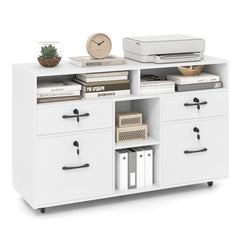 White mobile lateral filing storage organizer with drawers and shelves holding books and a printer