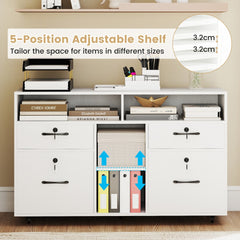 White mobile filing cabinet with lock showing adjustable shelf height feature