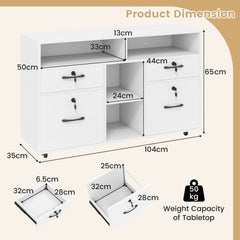 White mobile filing cabinet with lock showing product dimensions and weight capacity