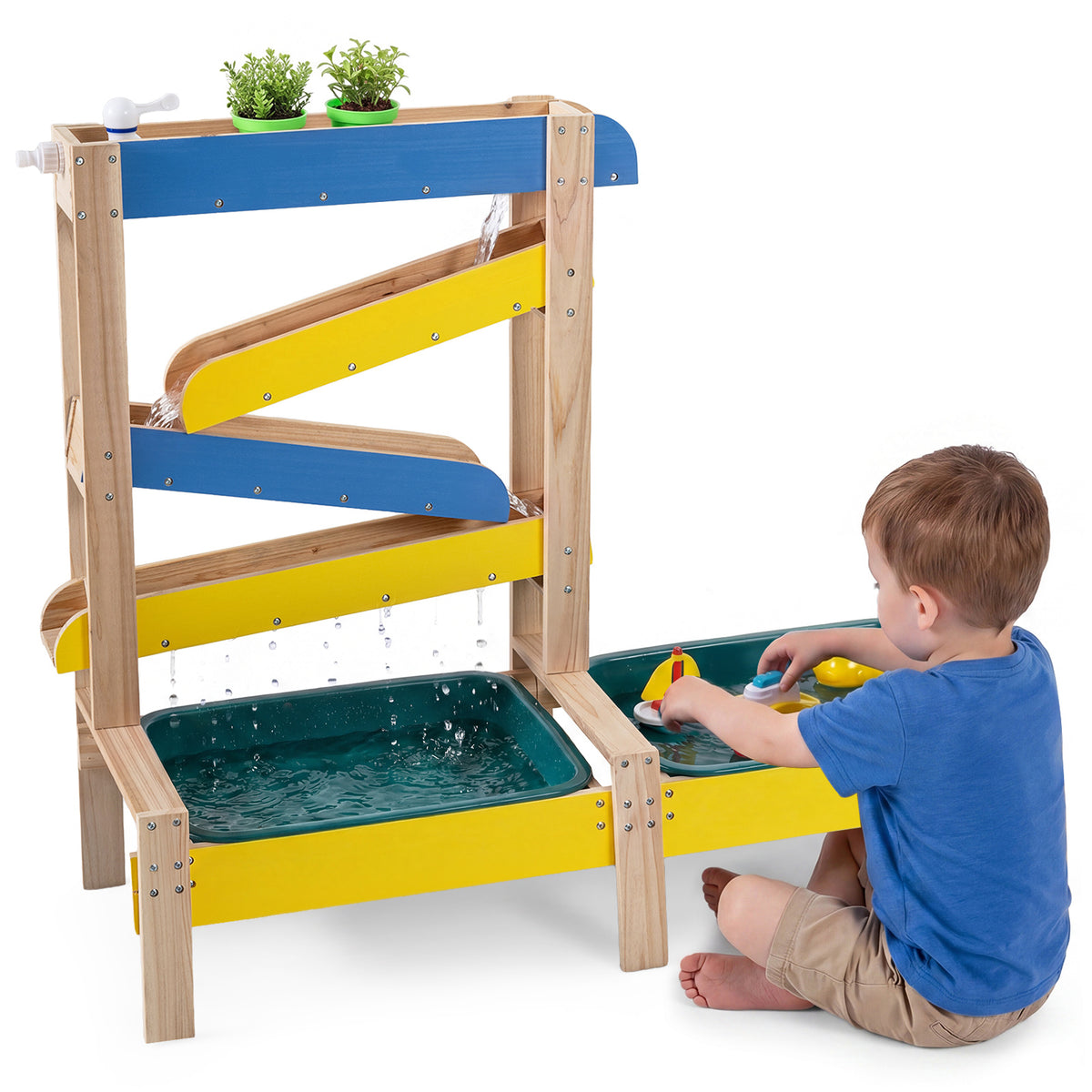 Fir Wood Montessori Sensory Play Activity Table with 2 Water Basin and Submarine Toys for Boys and Girls 3+-Multicolor