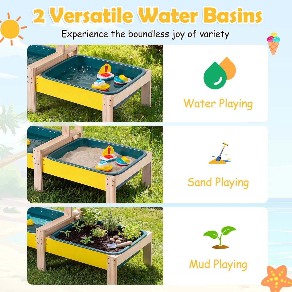 Fir Wood Montessori Sensory Play Activity Table with 2 Water Basin and Submarine Toys for Boys and Girls 3+-Multicolor