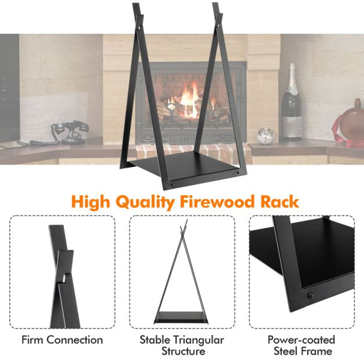 Firewood Log Rack with Solid Bottom Panel and Fireplace Screen