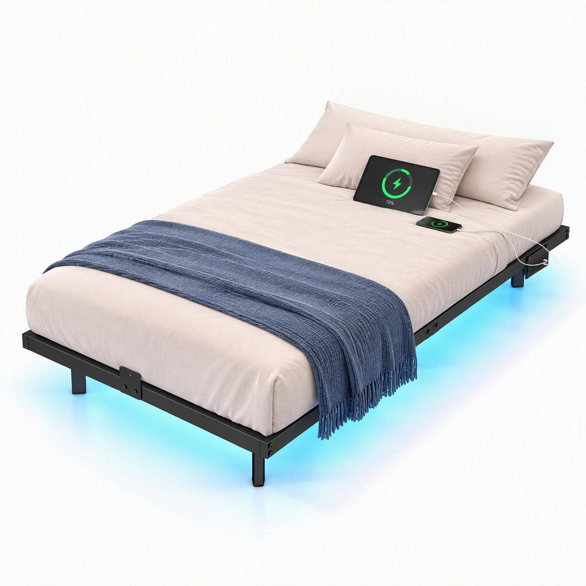 Floating Bed Frame with LED Lights and Charging Station Mattress Slide Stopper-Black