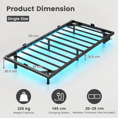 Floating Bed Frame with LED Lights and Charging Station Mattress Slide Stopper-Black