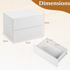 Dimensions of the white bedside cabinet and its open drawer