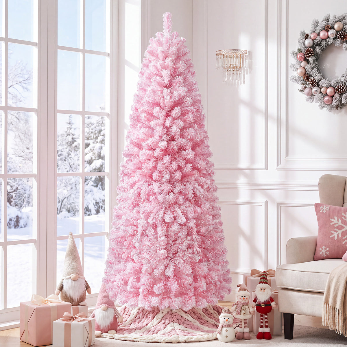 Flocked Pencil Christmas Tree with Full Branch Tips and Folding Metal Stand for Holiday Decor-180cm