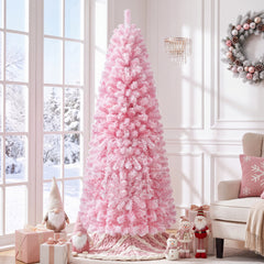 Flocked Pencil Christmas Tree with Full Branch Tips and Folding Metal Stand for Holiday Decor-180cm