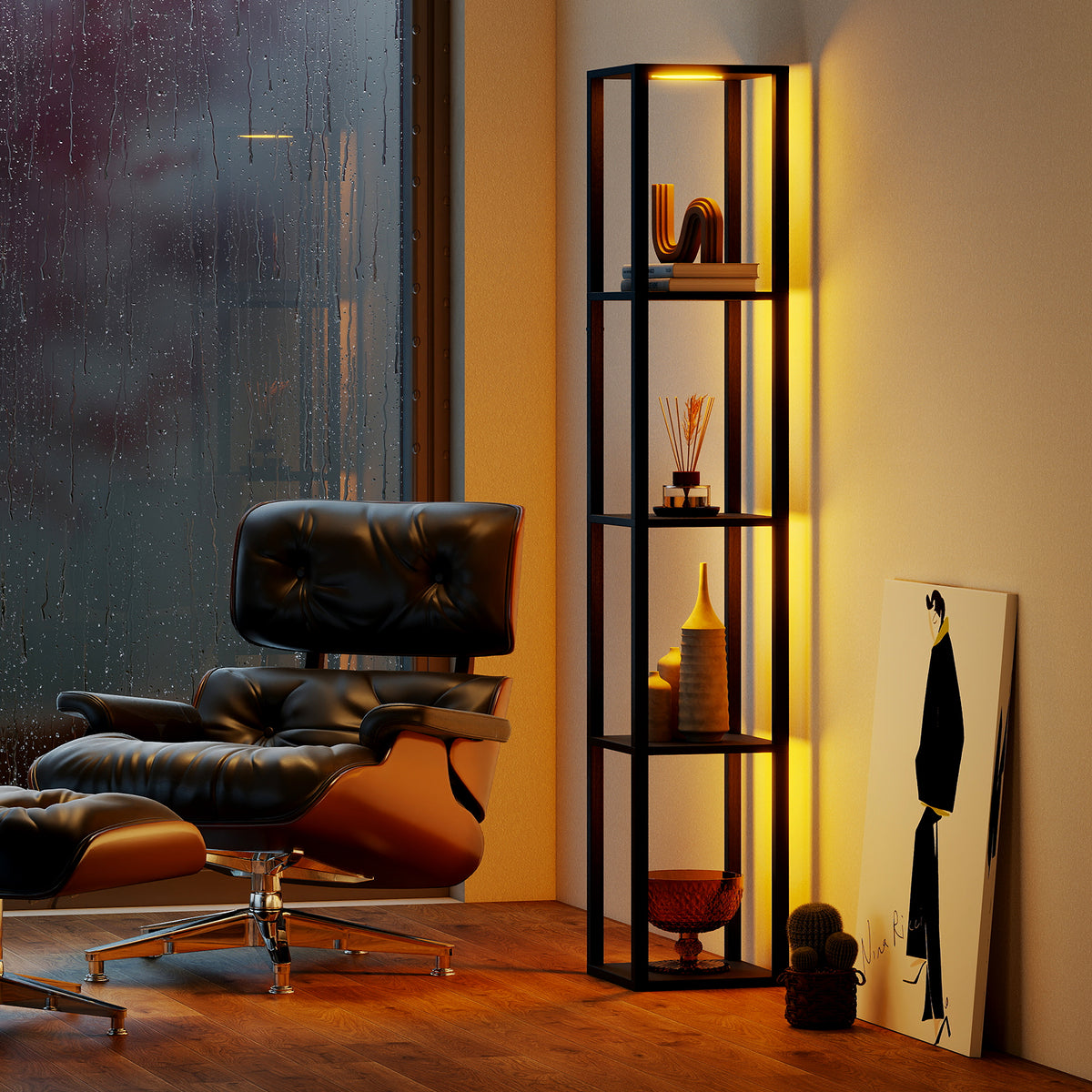 Floor Lamp with Shelves and 3-Way Dimmable LED Lights