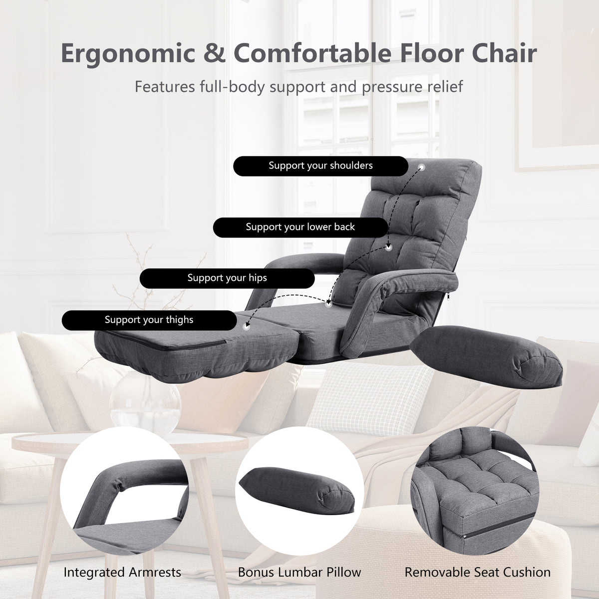 Adjustable Folding Floor Lazy Chair with Pillow-Grey