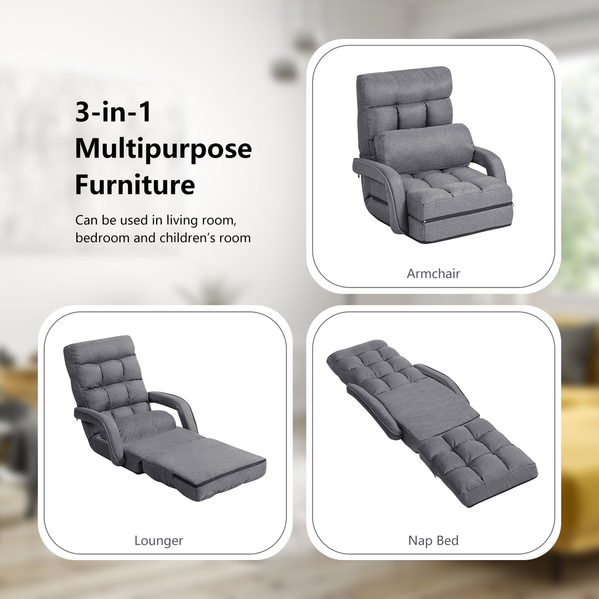 Adjustable Folding Floor Lazy Chair with Pillow-Grey