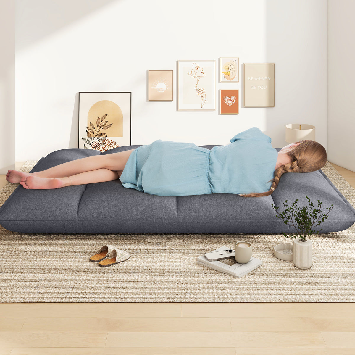 Floor Sofa Chair with 5-Postion Adjustable Backrest and Armrests-Grey