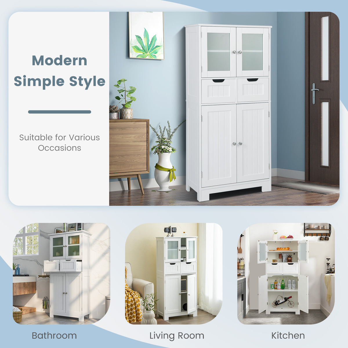 Floor Storage Cabinet with 2 Glass Doors, 2 Drawers and Adjustable Shelves-White