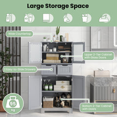 Floor Storage Cabinet with 2 Glass Doors, 2 Drawers and Adjustable Shelves-Grey