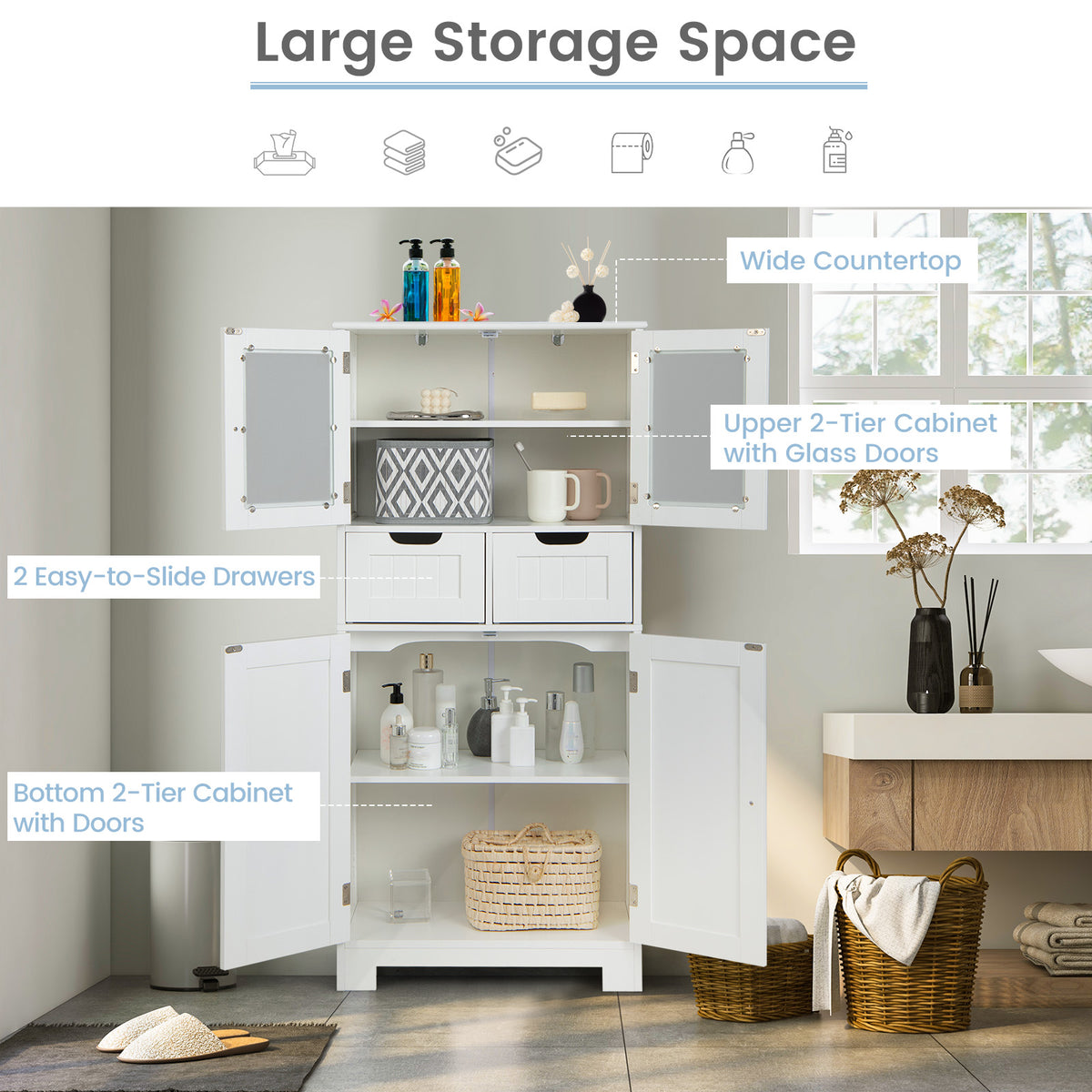 Floor Storage Cabinet with 2 Glass Doors, 2 Drawers and Adjustable Shelves-White