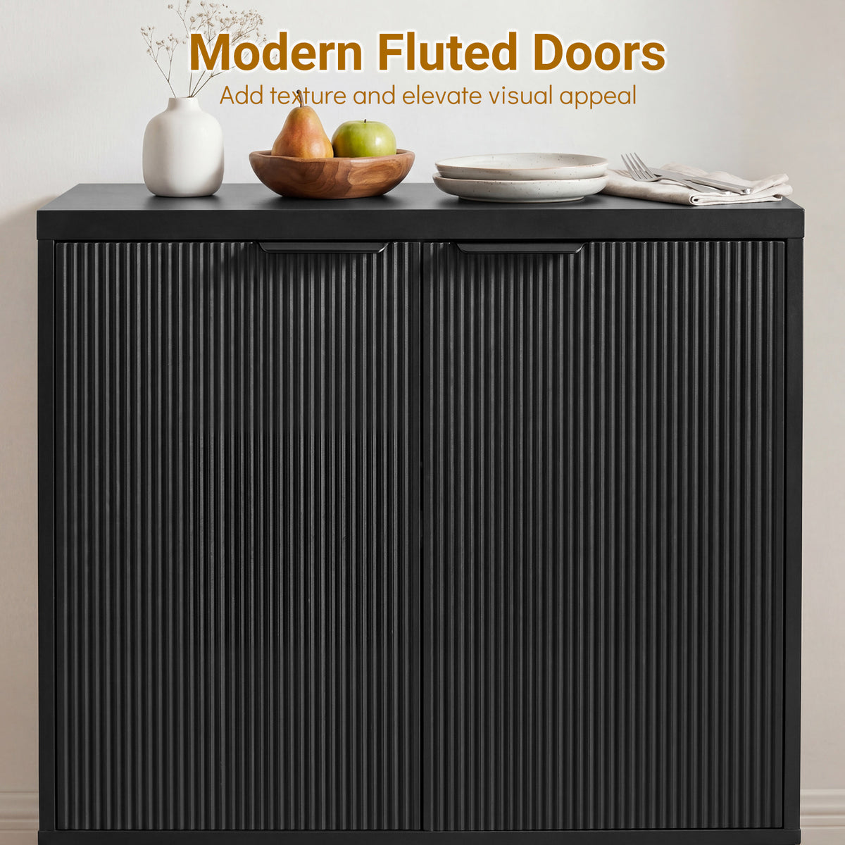 Fluted Sideboard Buffet Cabinet with 2 Doors and Adjustable Shelf-Black