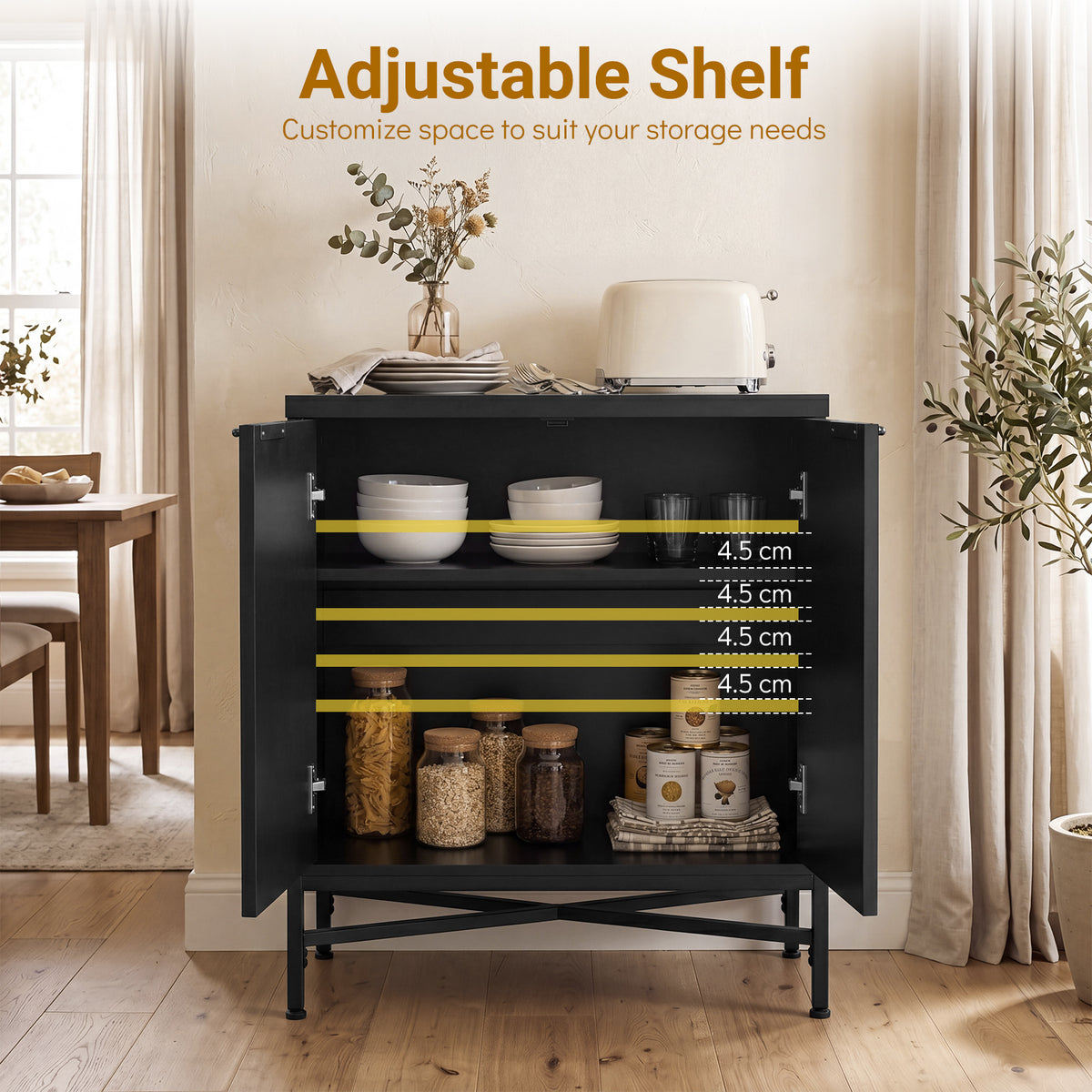 Fluted Sideboard Buffet Cabinet with 2 Doors and Adjustable Shelf-Black