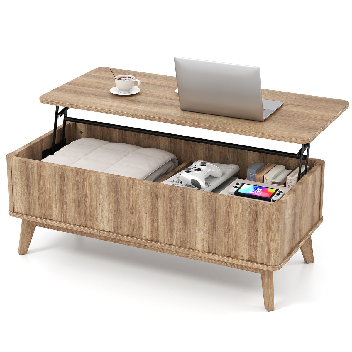 Fluted Lift Top Coffee Table with Lift Tabletop and Hidden Compartments-Brown