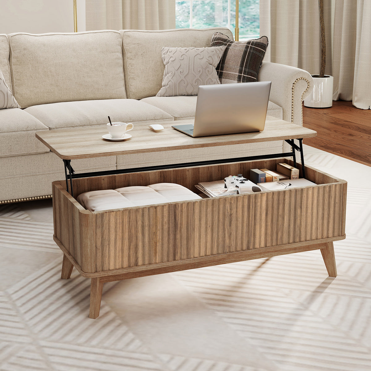 Fluted Lift Top Coffee Table with Lift Tabletop and Hidden Compartments-Brown