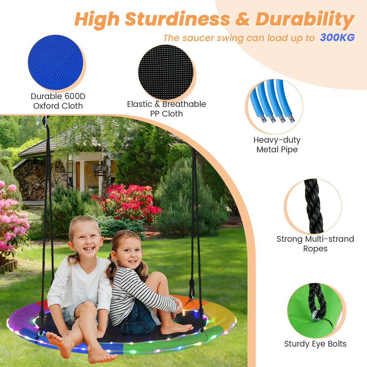 Flying Saucer Tree Swing with 8 Light Modes and Adjustable Hanging Ropes-Colourful