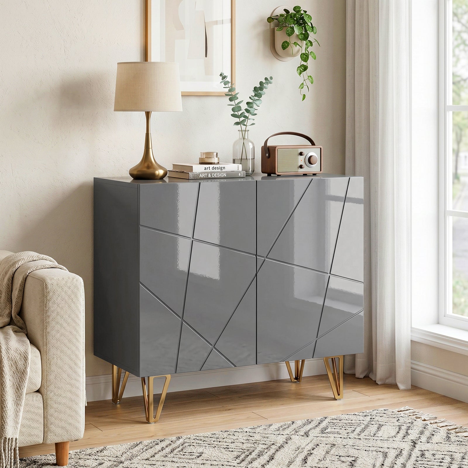 HOMCOM Modern Luxe High Gloss Sideboard, with Hairpin Legs - Grey