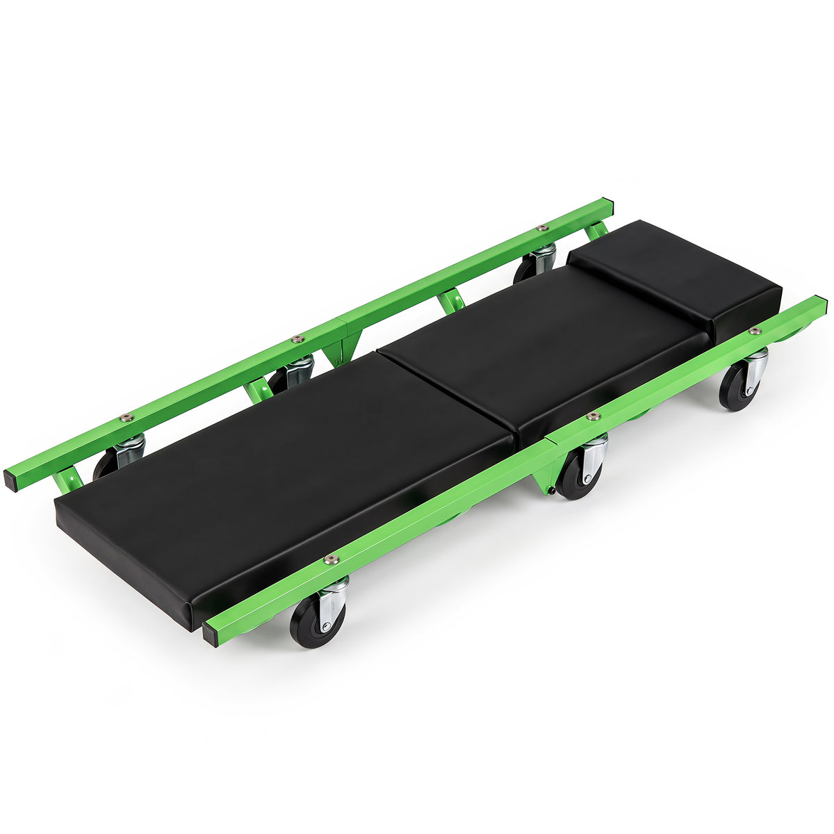 Green automotive creeper with black cushion and wheels, unfolded