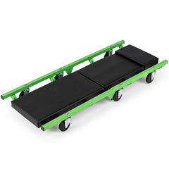 Green automotive creeper with black cushion and wheels, unfolded