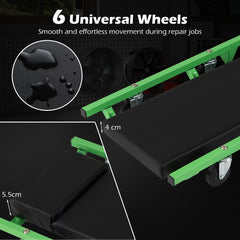 Close up of the thick cushion and wheels of the creeper