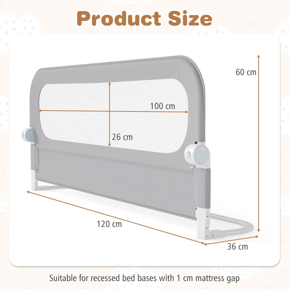 Diagram showing the size of the foldable bed rail with measurements