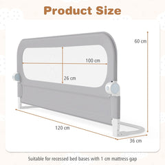 Diagram showing the size of the foldable bed rail with measurements