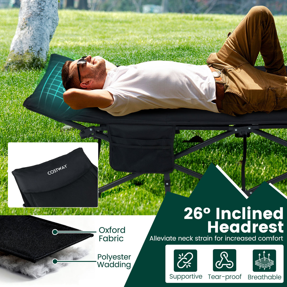 Foldable Camping Cot for Adults Heavy Duty Sleeping Bed with Slanted Headrest-Black