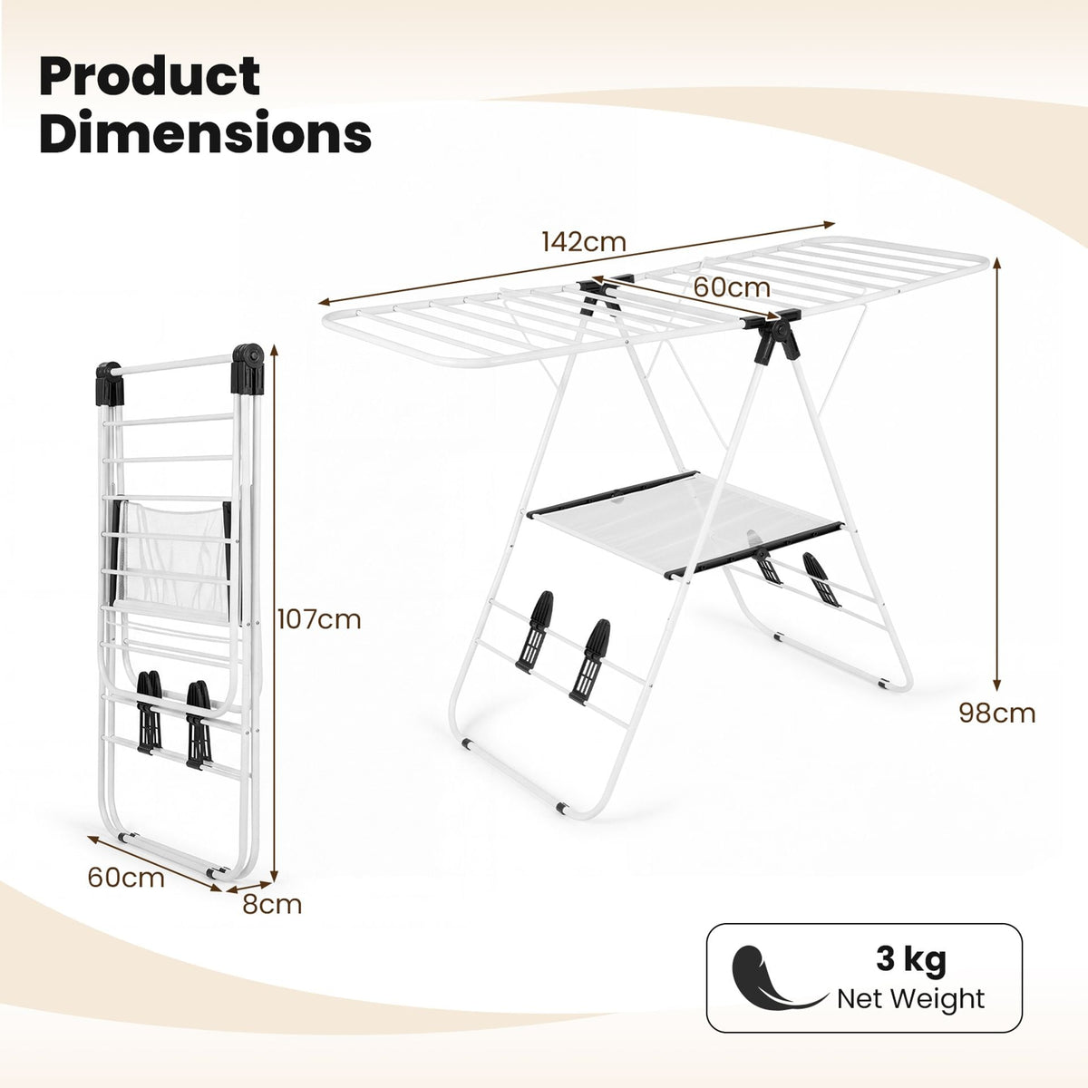 Foldable Gullwing Clothes Drying Rack with 142 cm Adjustable Wings