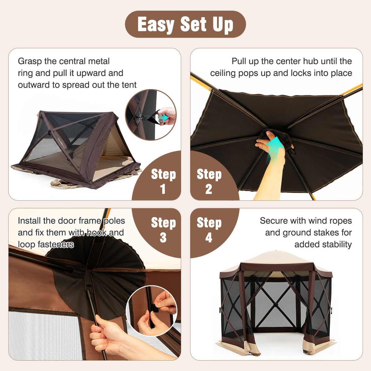 Foldable Hexagonal Gazebo with 6 Mosquito Net Sides and Zipped Door with Carry Bag-Brown single size