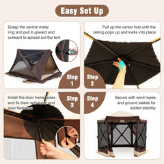 Foldable Hexagonal Gazebo with 6 Mosquito Net Sides and Zipped Door with Carry Bag-Brown single size