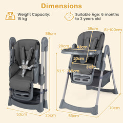 Foldable High Chair with 7-Level Height Adjustment for Babies and Toddlers-Grey