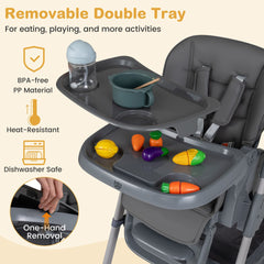 Foldable High Chair with 7-Level Height Adjustment for Babies and Toddlers-Grey