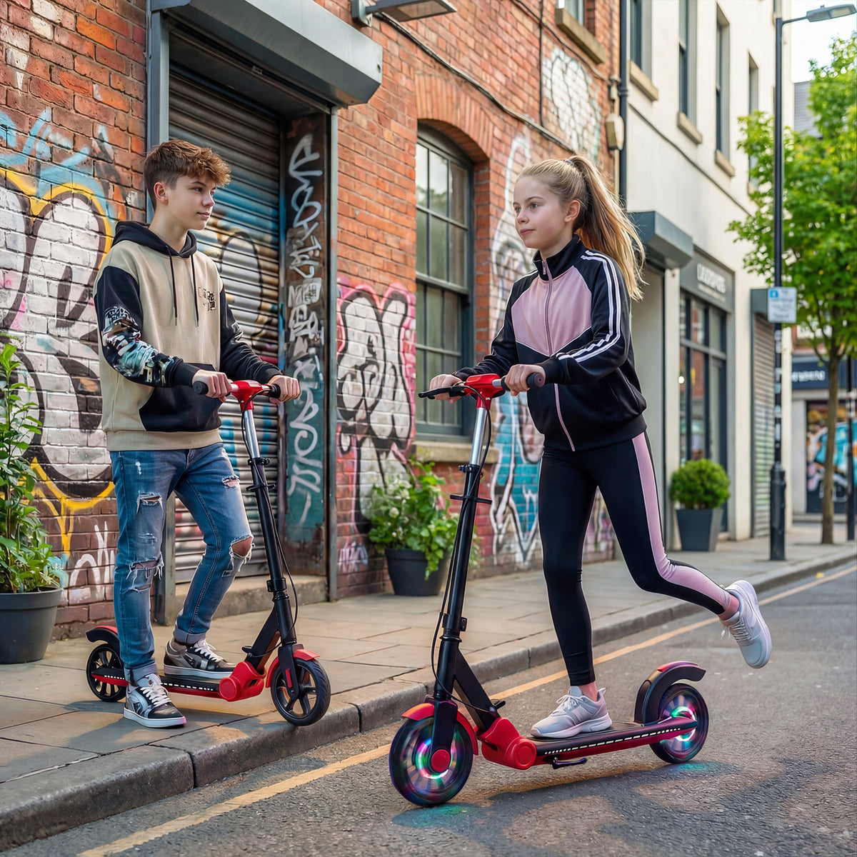 Foldable Kick Scooter with 2 Light-up Wheels and Rear Brake-Red