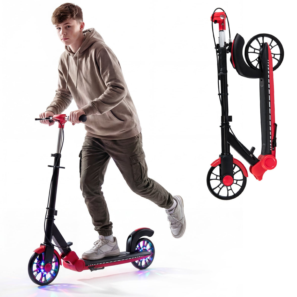 Foldable Kick Scooter with 2 Light-up Wheels and Rear Brake-Red