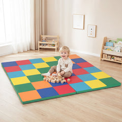 Foldable Patchwork Toddler Activity Mat with Waterproof Faux Leather-Colorful