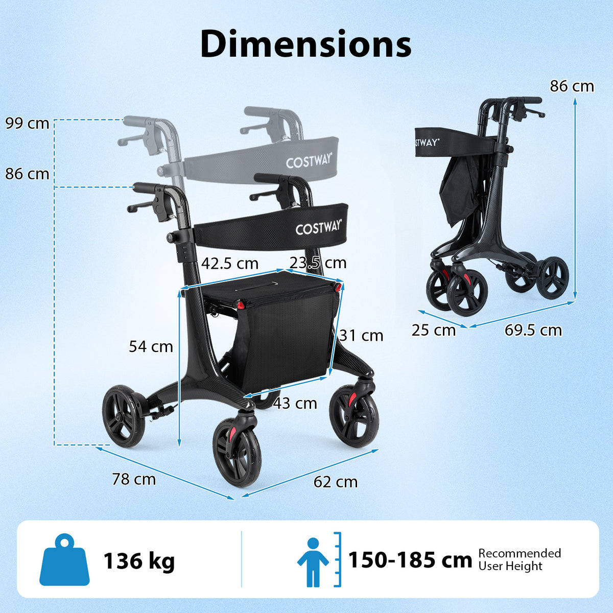 Foldable Rollator Walker with Seat and Carbon Fiber Structure for Seniors-Black