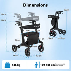 Foldable Rollator Walker with Seat and Carbon Fiber Structure for Seniors-Black